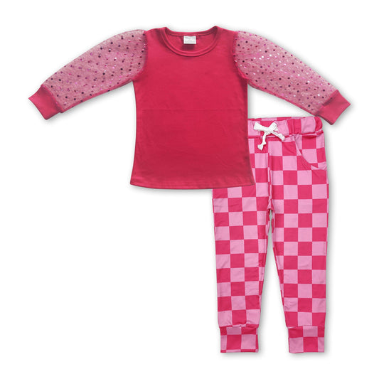 Hot pink long sleeves top plaid pants girls clothes