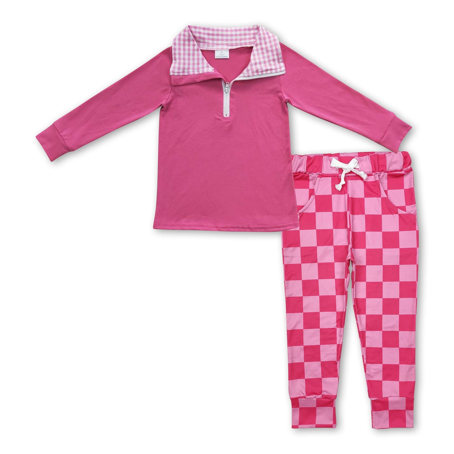 Hot pink zip pullover plaid pants girls clothes