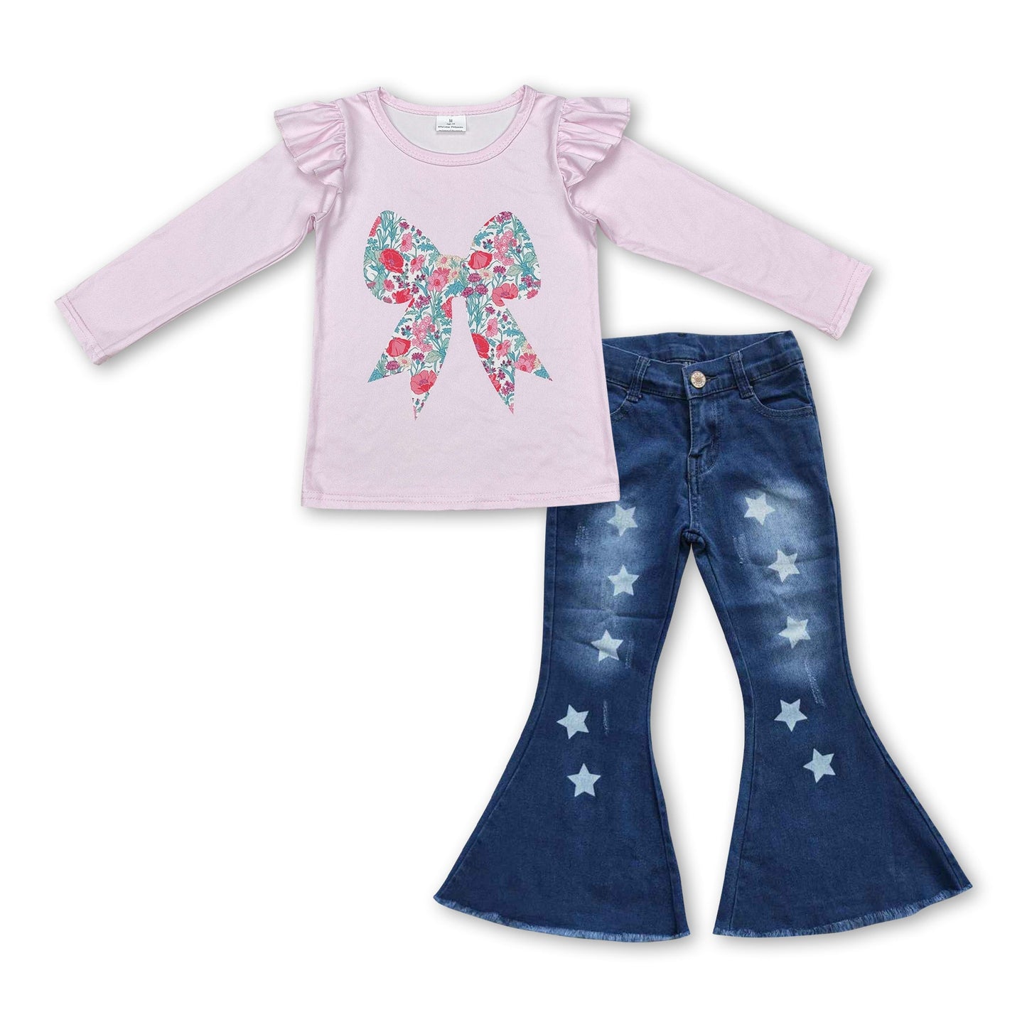 Pink floral bow stars jeans kids girls clothing set