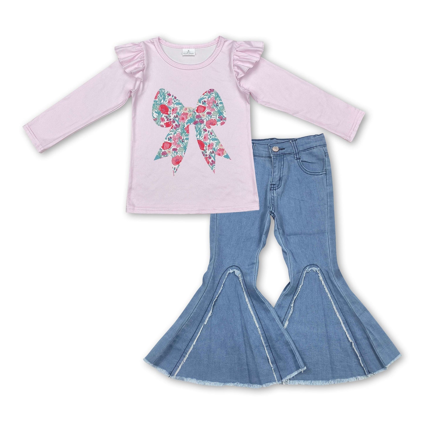 Pink floral bow light blue jeans kids girls clothing set