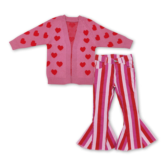 Heart cardigan sweater stripe jeans girls valentine's set