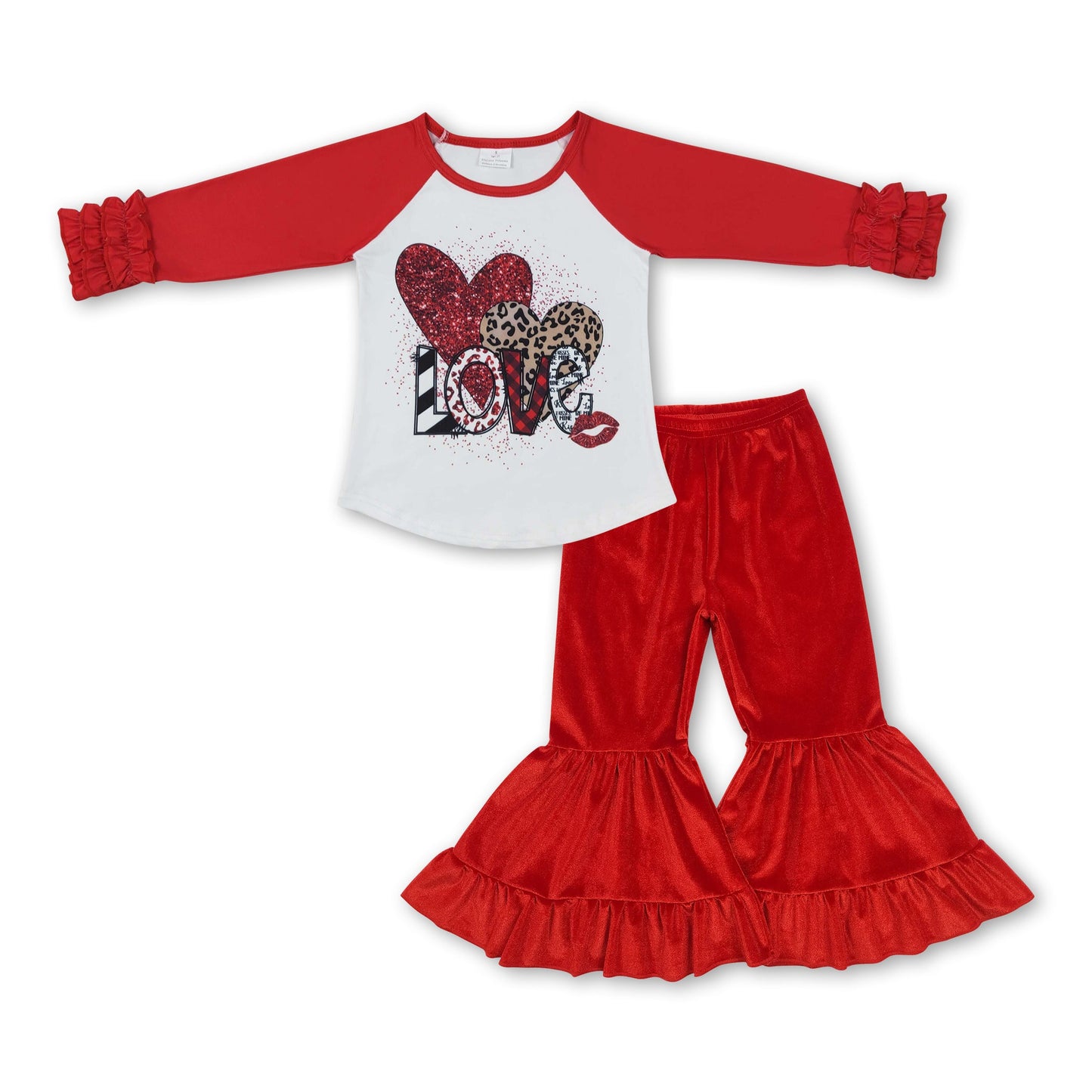 Red leopard heart love top velvet pants girls valentine set