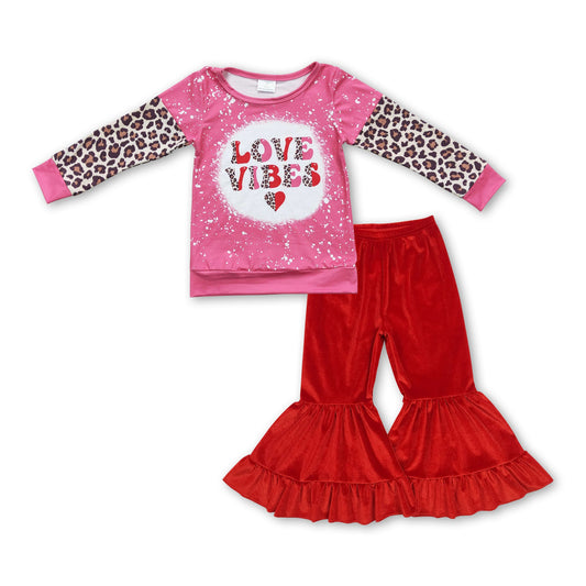 Leopard love vibes heart top velvet girls valentine set