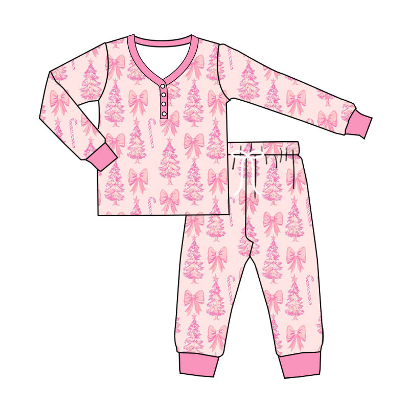 Long sleeves pink bow Christmas tree adult women pajamas