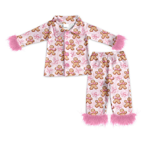 Pink fur gingerbread bow girls Christmas button down pajamas