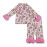 Pink fur gingerbread bow girls Christmas button down pajamas