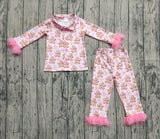 Pink fur gingerbread bow girls Christmas button down pajamas