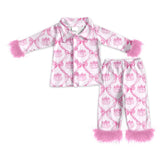 Pink fur pumpkin bow girls fall button down pajamas