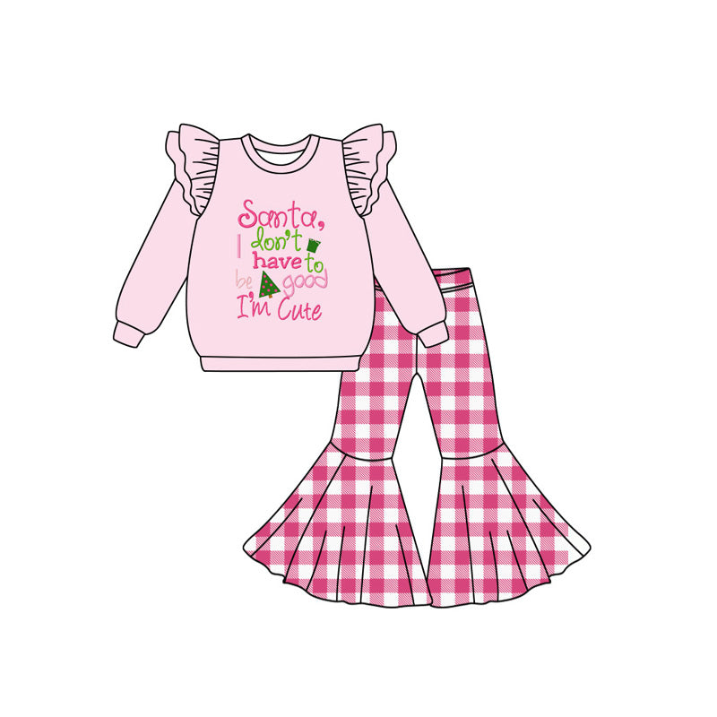 Pink santa cute top plaid pants girls Christmas outfits
