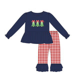 Navy Christmas tree bow top plaid pants girls clothes