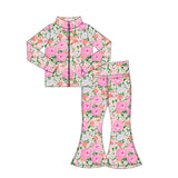 Long sleeves pink floral zip jacket pants girls yoga clothing