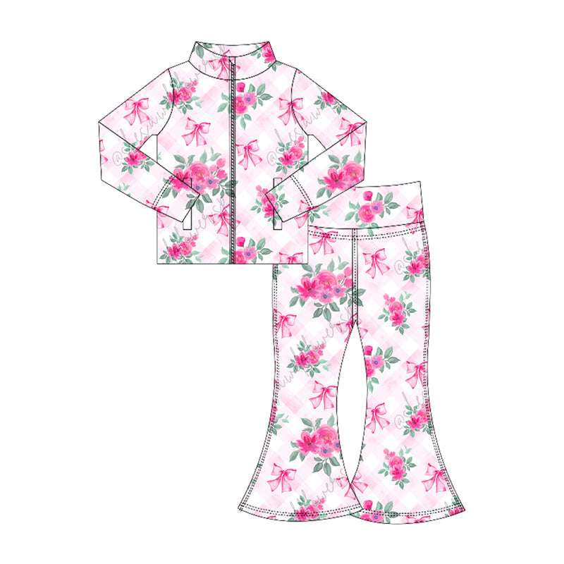 Plaid pink bow floral zip jacket pants girls yoga clothes