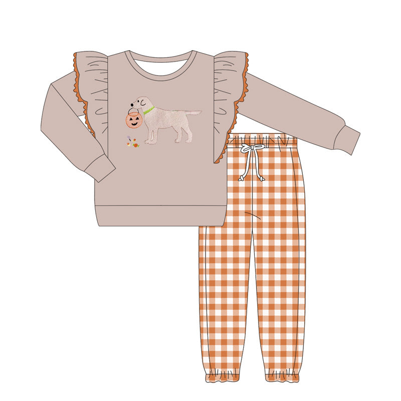 Dog pumpkin basket top plaid pants girls Halloween clothes