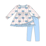 Long sleeves light blue floral bow tunic leggings girls clothes