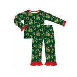 Red ruffle holly candy cane top pants girls Christmas pajamas