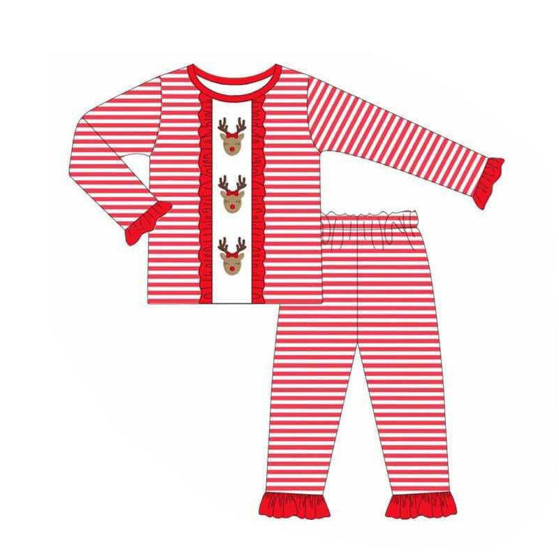 Red stripe deer ruffle girls Christmas pajamas