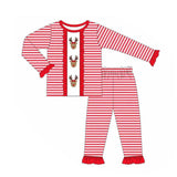 Red stripe deer ruffle girls Christmas pajamas