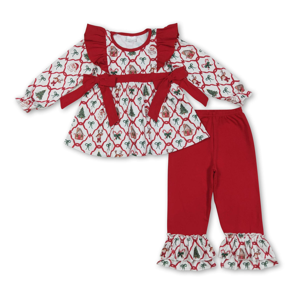 Santa deer bow tunic red pants girls Christmas outfits