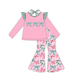 Pink long sleeves bow top bell bottom pants girls clothes