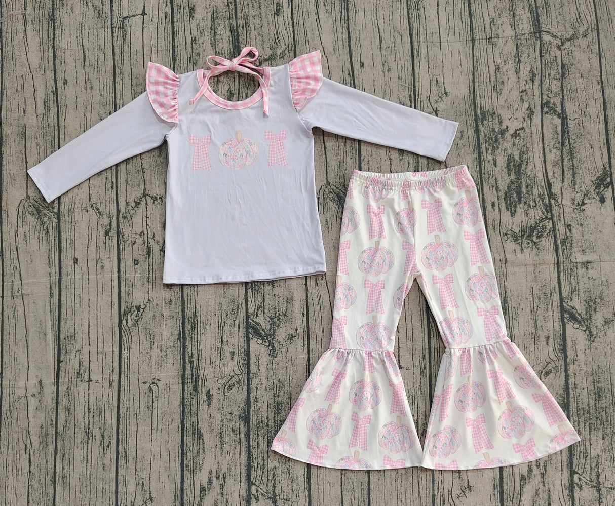 Floral pumpkin bow top bell bottom pants girls fall clothes