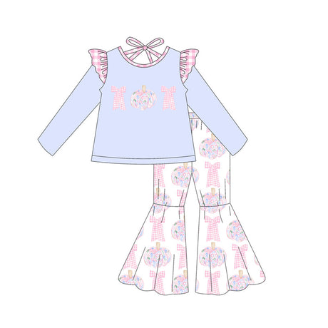Floral pumpkin bow top bell bottom pants girls fall clothes