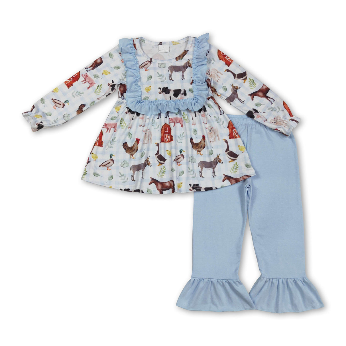 Light blue plaid ruffle farm tunic pants girls clothing set