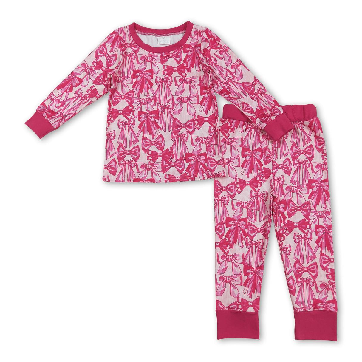 Hot pink bow long sleeves top pants kids girls pajamas