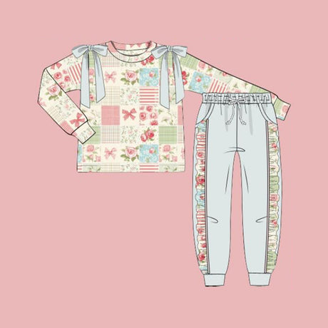 Floral bow patchwork ruffle pants girls clothing set