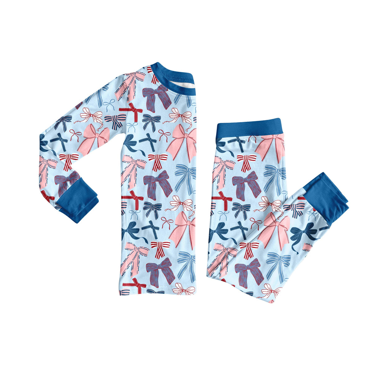 Blue long sleeves bows baby kids girls pajamas
