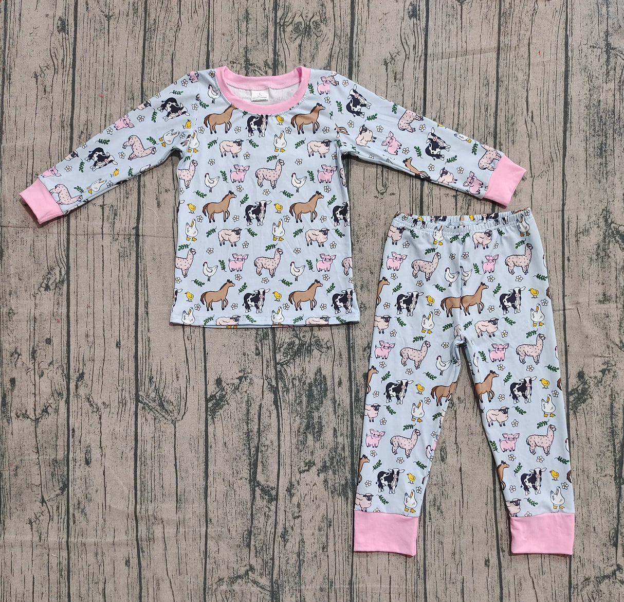 Pink long sleeves pig horse sheep kids girls pajamas
