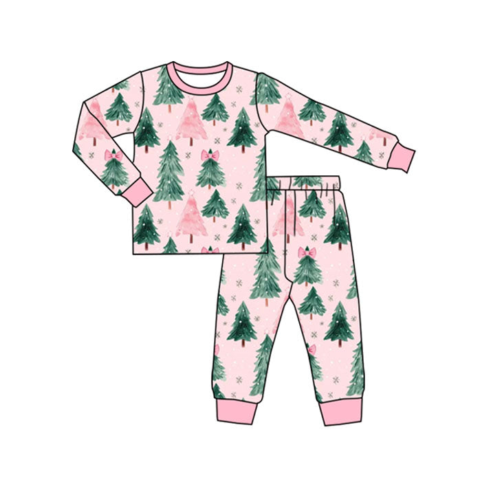 Pink bow Christmas tree long sleeves kids girls pajamas