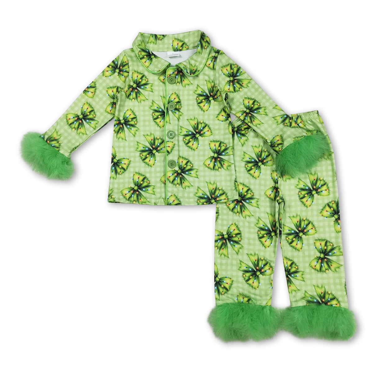 Green face bow plaid girls Christmas button down pajamas
