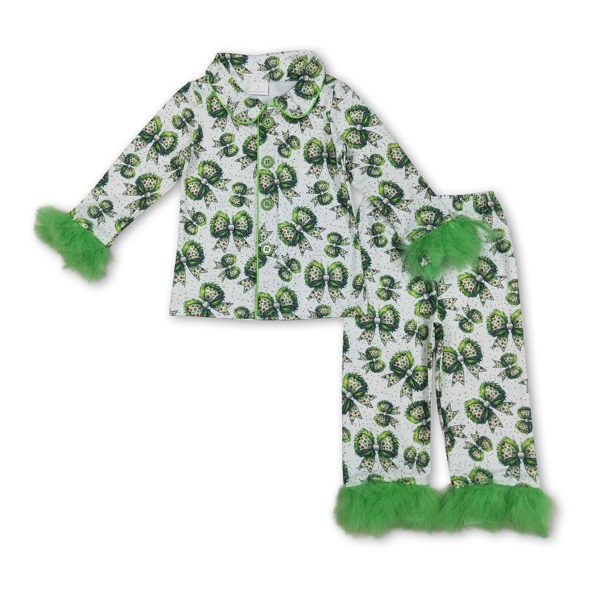 Green face bow baby girls Christmas button down pajamas