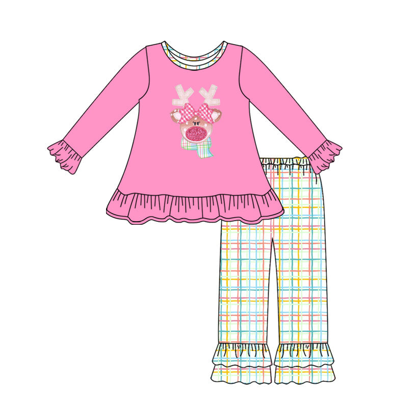 Pink deer top ruffle plaid pants girls Christmas clothes