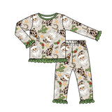 Long sleeves cow print Christmas tree santa girls pajamas