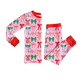 Long sleeves red green bow kids girls Christmas pajamas