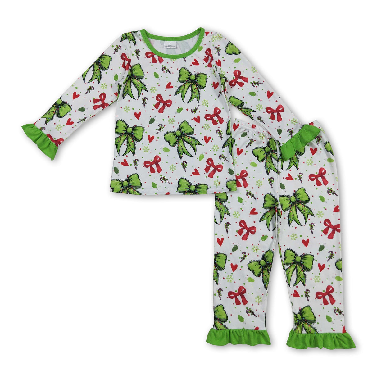 Ruffle long sleeves red green face heart girls Christmas pajamas