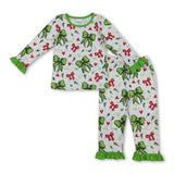 Ruffle long sleeves red green face heart girls Christmas pajamas