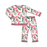 Pink bow Christmas tree ruffle top pants girls pajamas