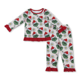 Long sleeves ruffle floral green face girls Christmas pajamas