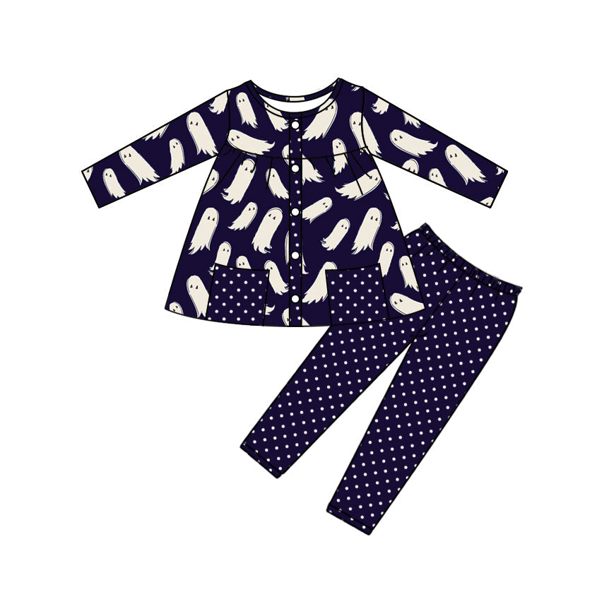 Ghost pockets tunic polka dots leggings girls Halloween set