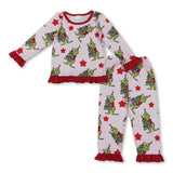 Long sleeves ruffle stars green face girls Christmas pajamas