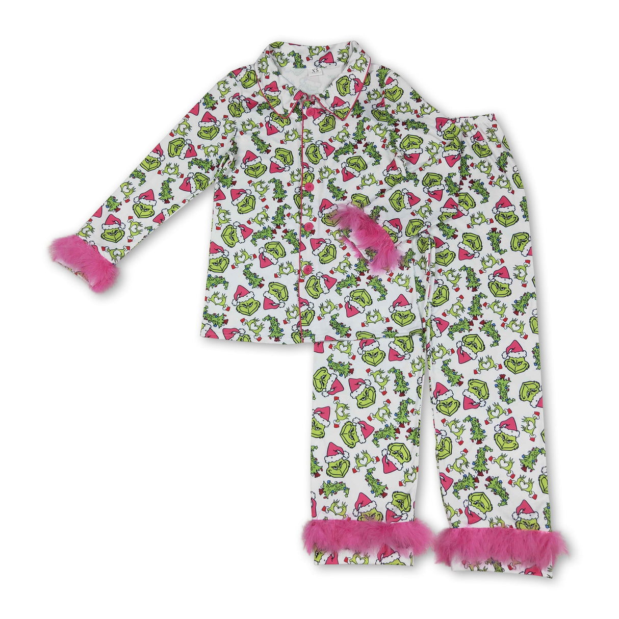 Pink fur green face adult women Christmas button down pajamas