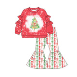 Bow Christmas tree ruffle top pants girls clothing set