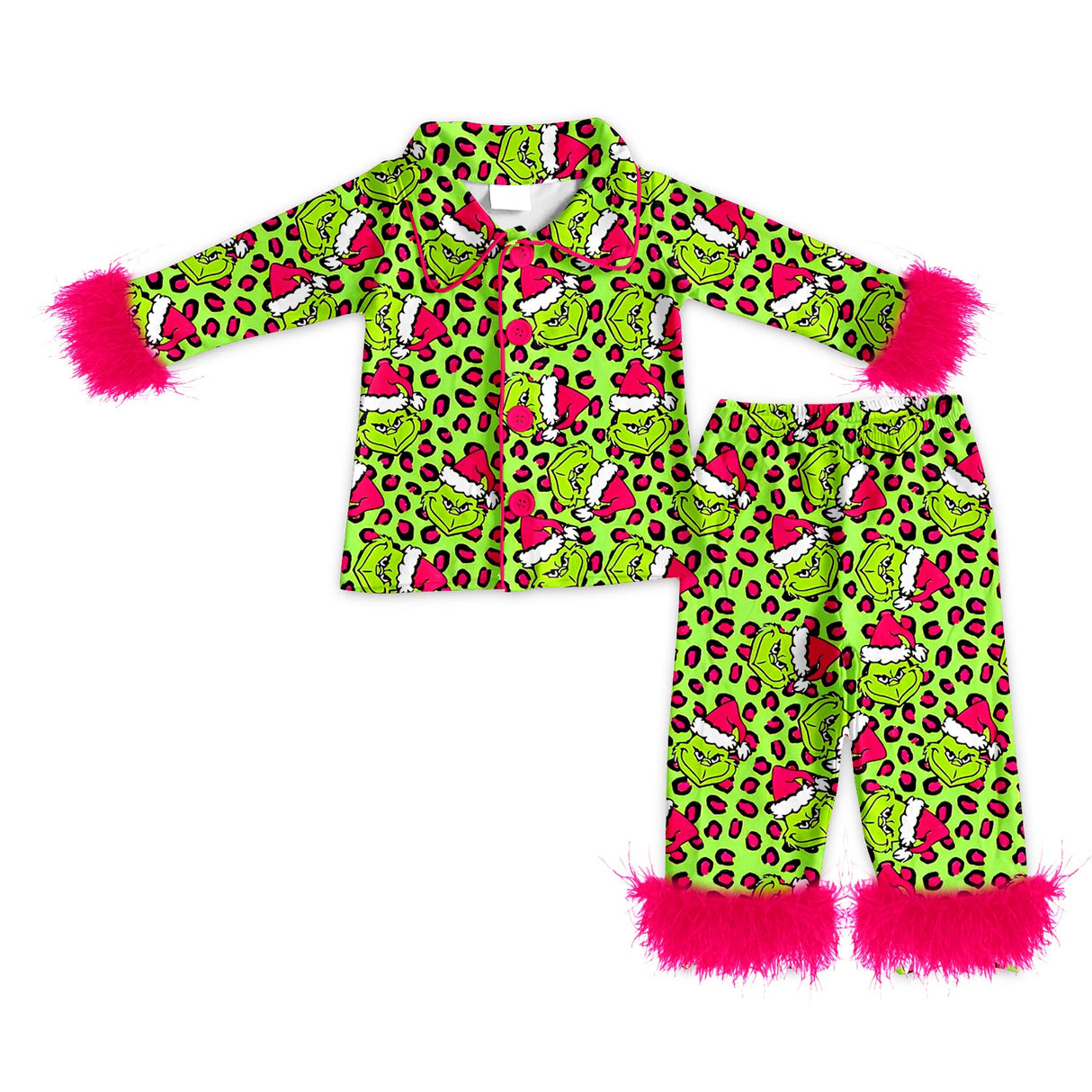 Leopard green face fur adult women Christmas button down pajamas