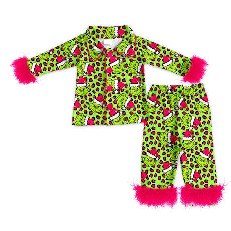 Leopard green face fur adult women Christmas button down pajamas