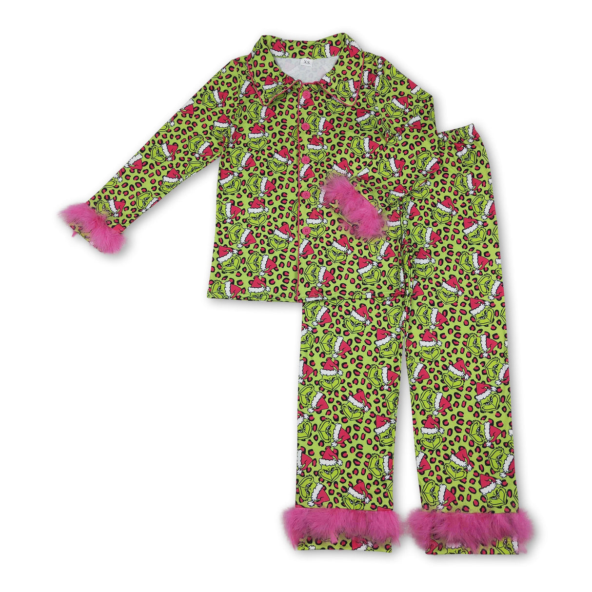 Leopard green face fur adult women Christmas button down pajamas