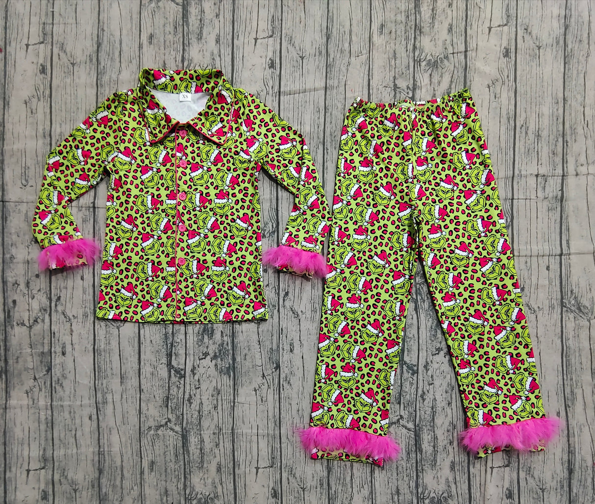 Leopard green face fur adult women Christmas button down pajamas