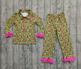 Leopard green face fur adult women Christmas button down pajamas