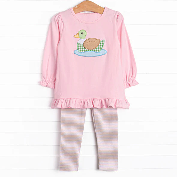 Pink long sleeves duck ruffle top stripe leggings girls clothes